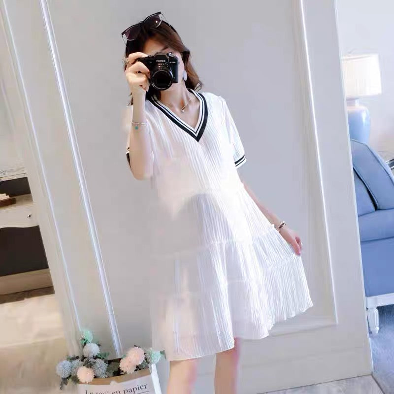 Maternity summer skirt summer fashion thin ice silk skirt chiffon late v-neck white pregnant mother dress
