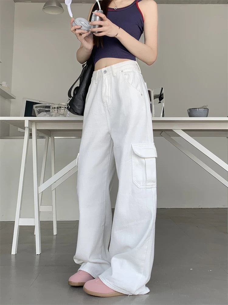 White work jeans women's autumn ins trendy American retro drape  floor-length trousers straight wide-leg pants