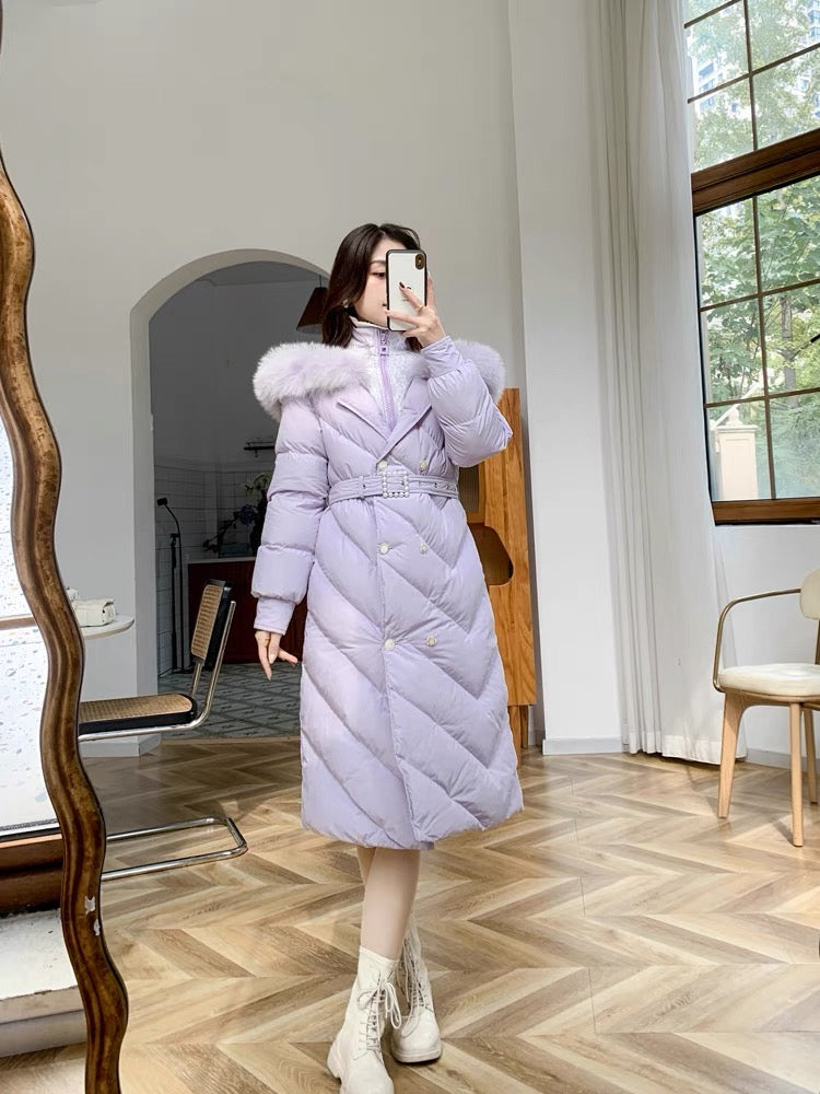 Nori Gentle Wind Waist Down Down Coat Women's Mid-Length French Retro Real Fox Fur Collar Small Fragrant Style Down Coat
