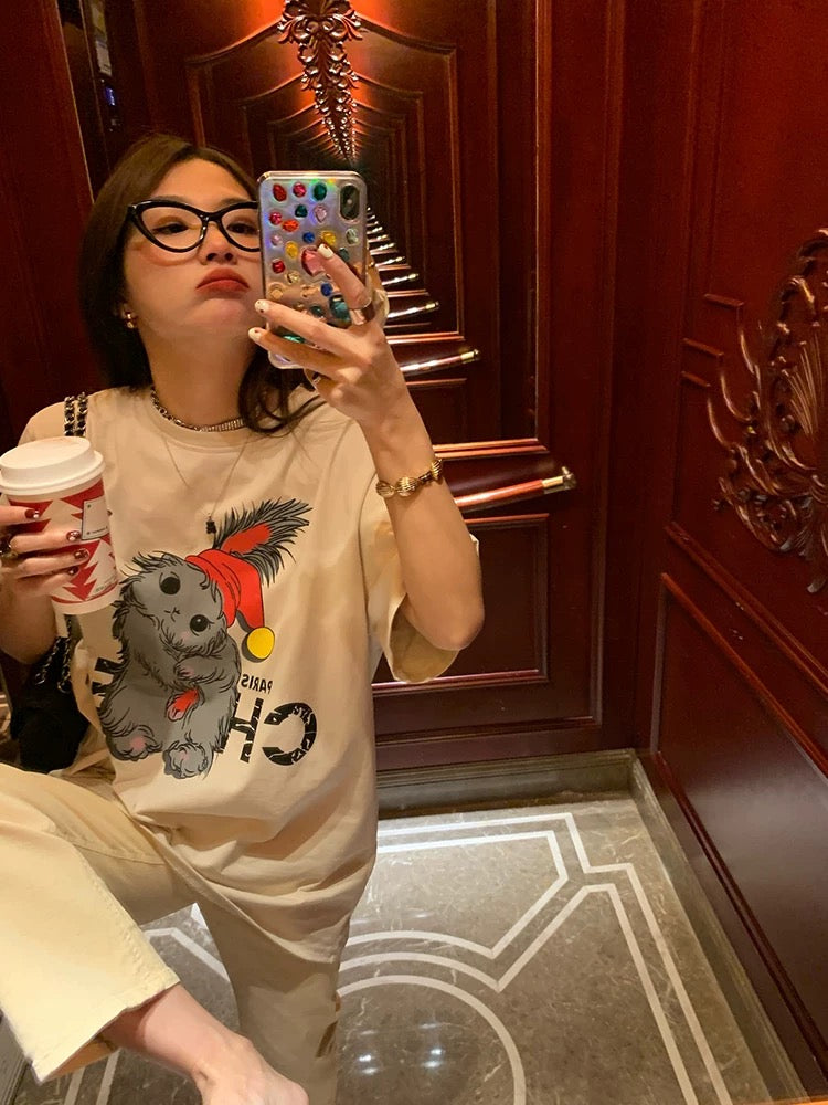 Luoluo Xianjie Apricot short-sleeved T-shirt Women's 2024 spring and summer new design niche loose printed top