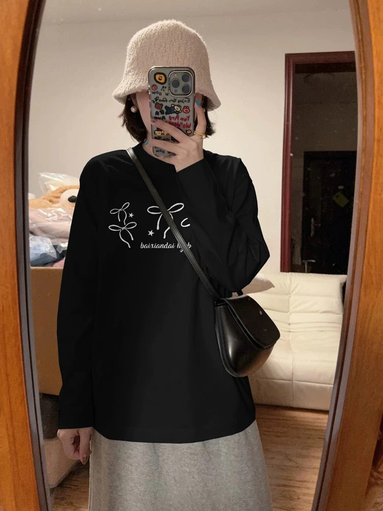 100% cotton American retro Hong Kong style chic straight shoulder long-sleeved T-shirt women's loose lazy niche design top