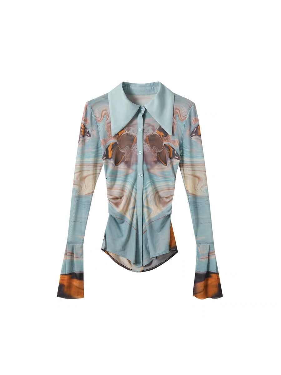 OfAkiva "Clothing Gagosian" Cheng Xiao's same style contrast printed shirt women's long-sleeved stretch mesh shirt (A098)