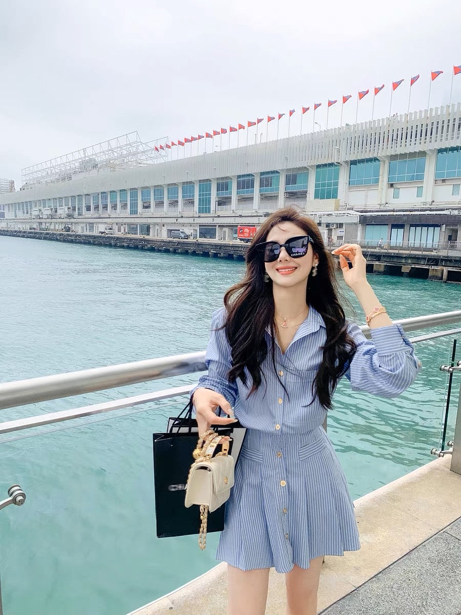 Fish Rabbit's Rabbit Shirt Dress 2023 new women's striped short-sleeved slim waist temperament a-line skirt