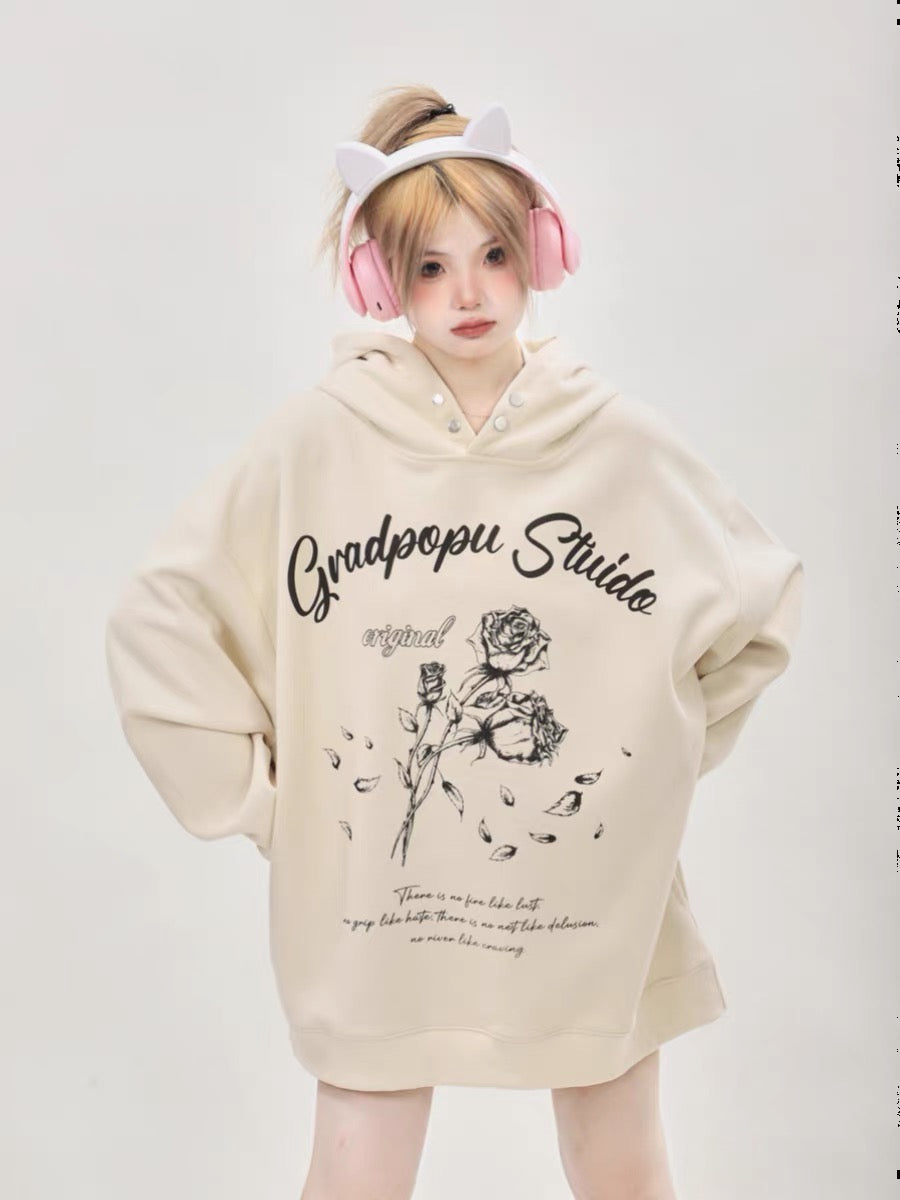 American retro lazy chic trendy brand oversize rose black sweatshirt women's hooded couple wear spring and autumn style A3352
