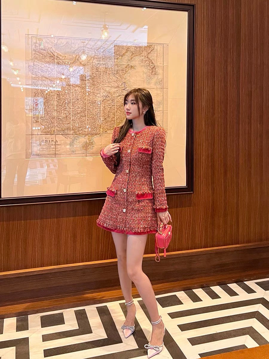 Ningfu Xinxin original design peach pink sweetheart small fragrant tweed velvet waist slimming dress D372