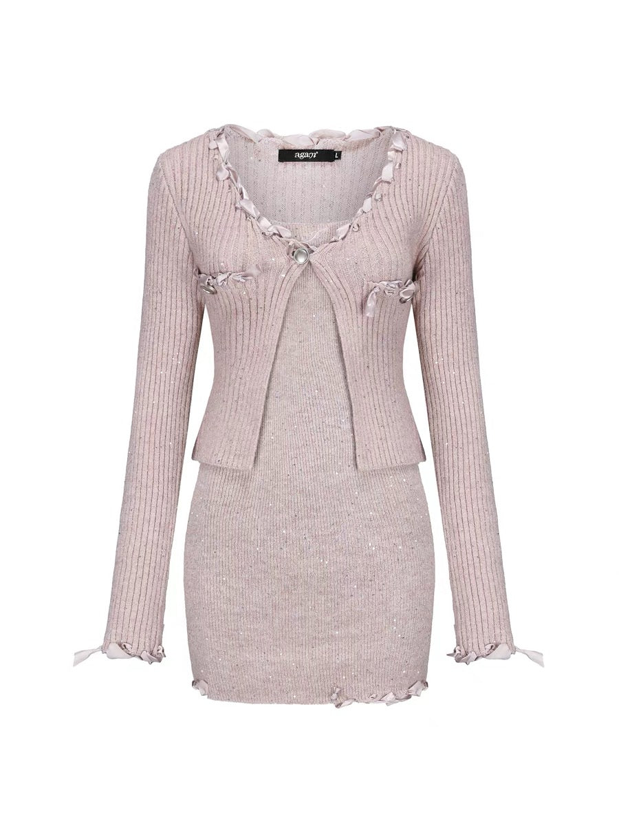AGAM original design pure lust beads fine glitter ribbon gentle cardigan elastic waist suspender dress suit