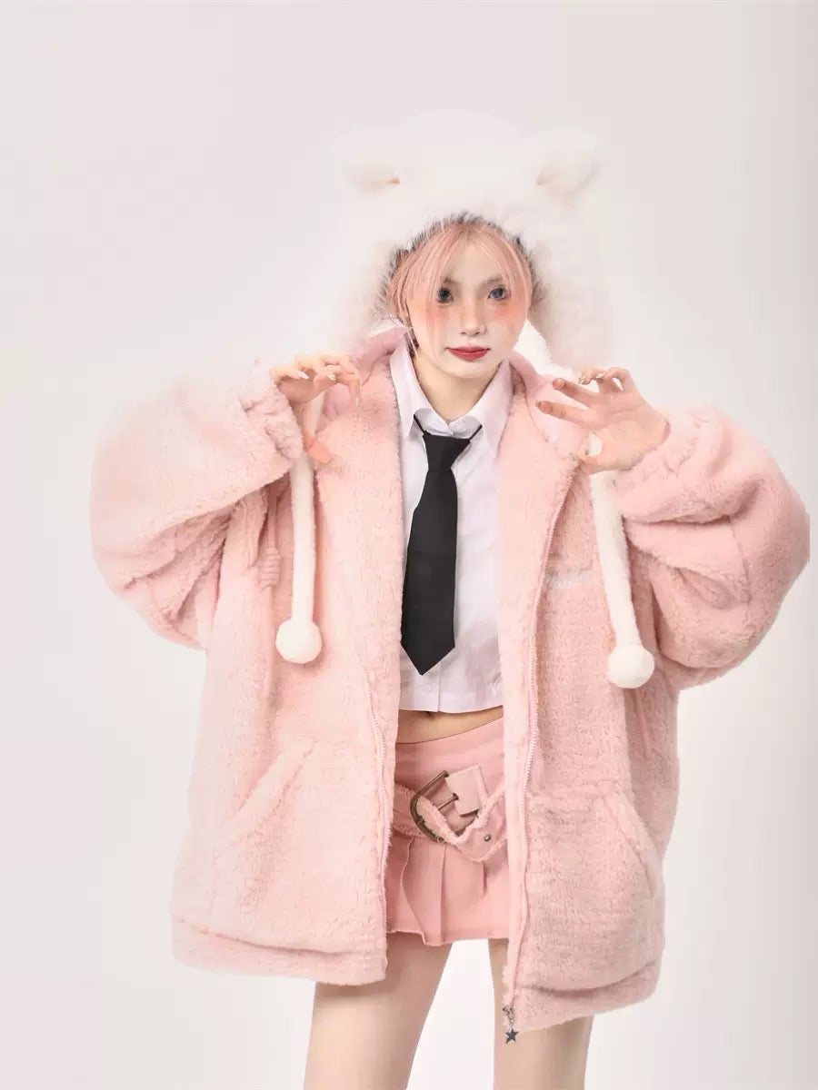 2024 New Year, Year of the Dragon, Zodiac Year, Dragon Horn Red Lamb Wool Jacket for Women, Winter Hooded Cotton Jacket, Lamb Wool Cotton Jacket