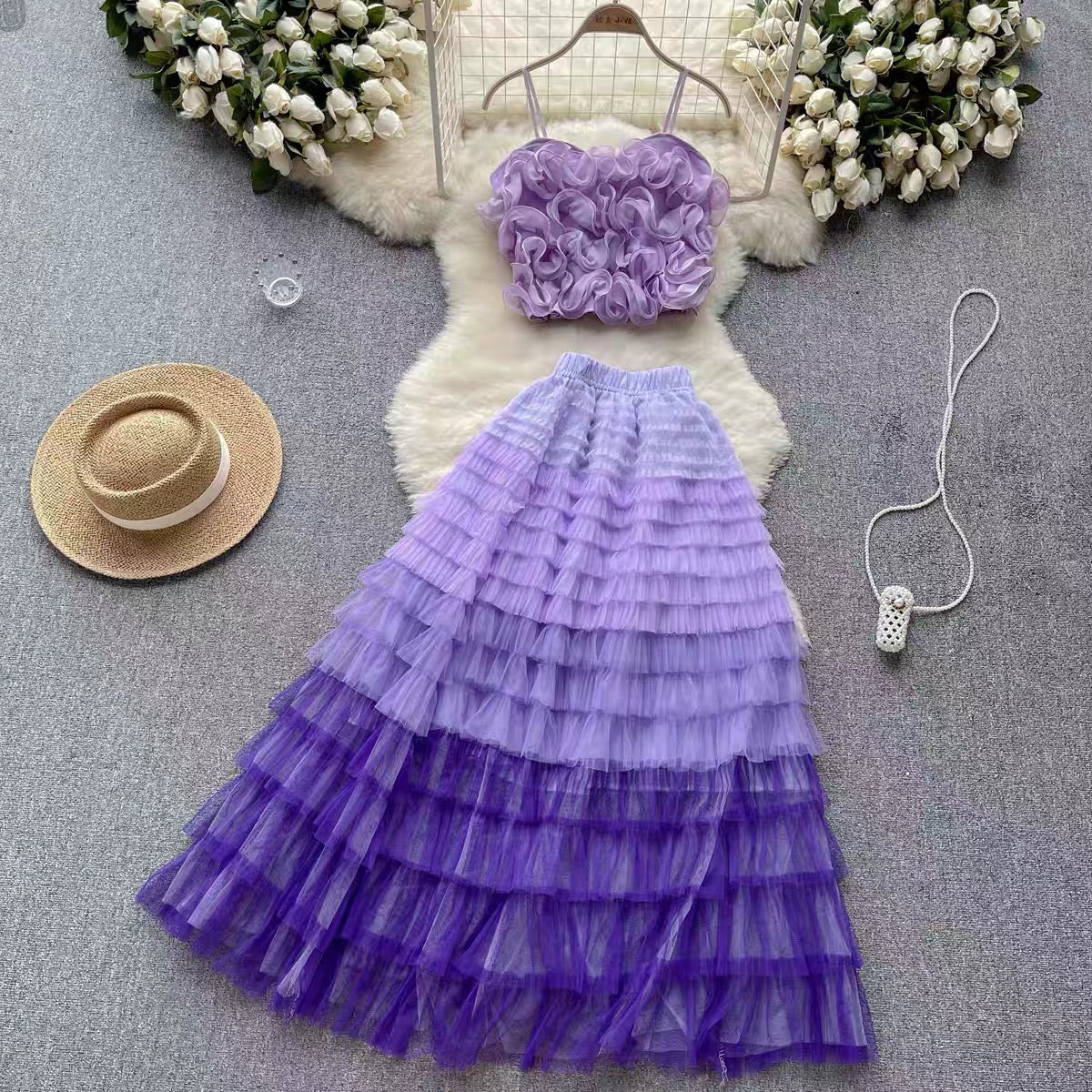 High-end lady suit female three-dimensional flower mesh camisole fairy mesh half-length skirt two-piece set (S0983)