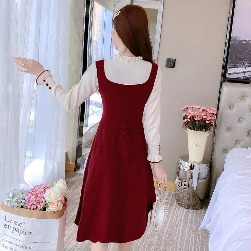 lolita with coat knitted sweater dress women's autumn and winter 2023 new slimming fake two-piece bottoming skirt