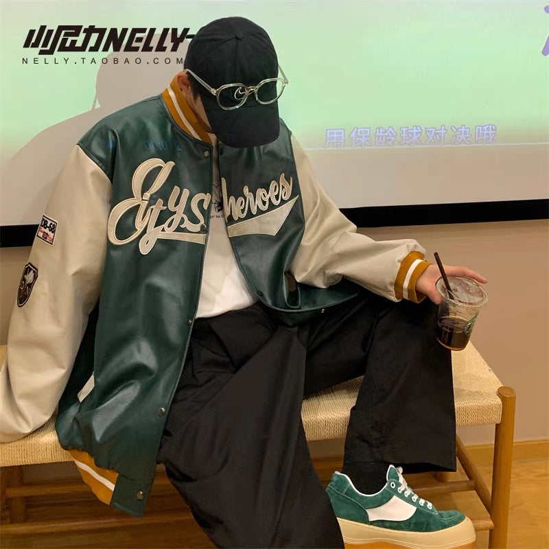 High street PU leather baseball jacket men's autumn and winter trendy brand ins spring and autumn large size jacket trendy men's autumn tops