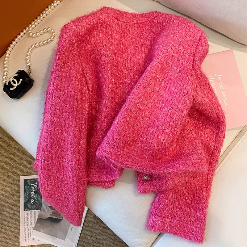 Rose pink love button small fragrant jacket for women autumn and winter 2023 new style French sweet temperament lady short top