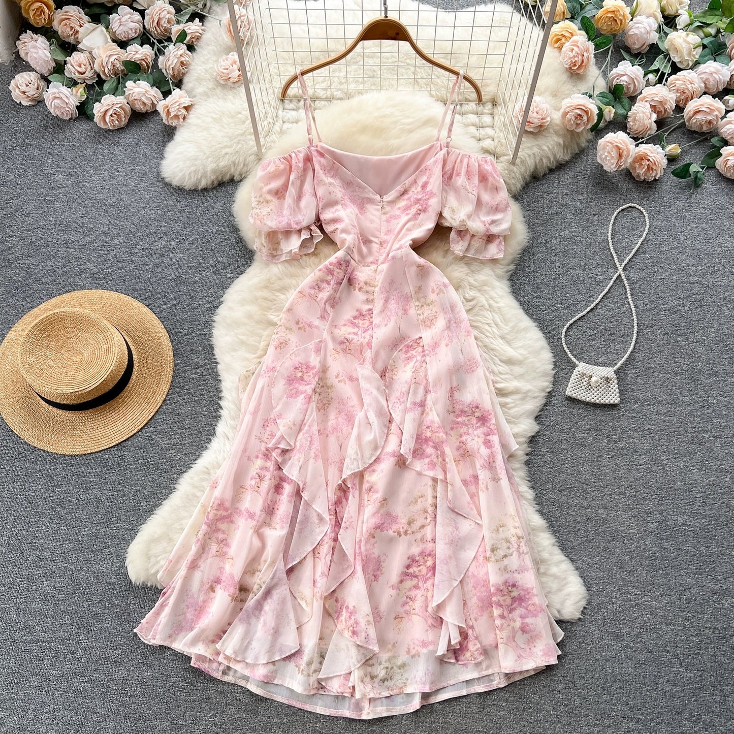 2023 Summer New Sweet Floral Dress Women's French Tea Break Off-Shoulder Straps Irregular Fairy Long Skirt