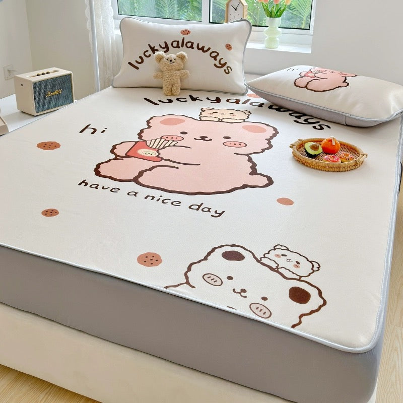 Summer ice silk mat three-piece bed sheet set student dormitory air-conditioning mat home washable foldable soft mat