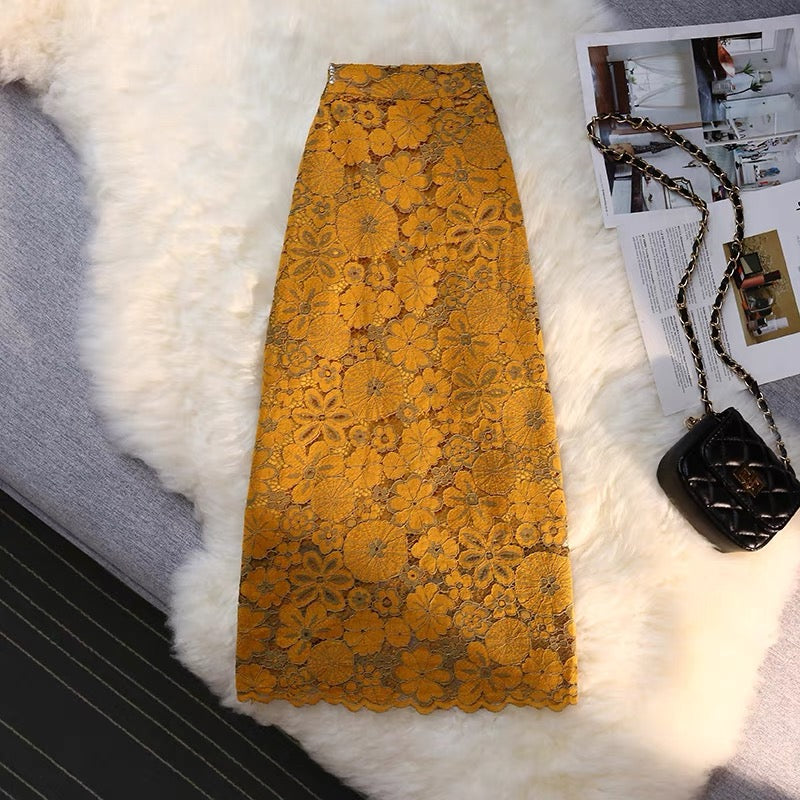 Avocado Green Lace Skirt Women's Summer Back Slit One-step Skirt Covering Hips Mid-Length High Waist Slimming A-Line Long Skirt