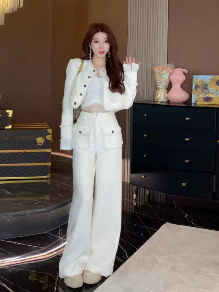 High-end and elegant lady suit for women 2023 autumn and winter new style  small fragrant short jacket + high-waisted wide-leg pants