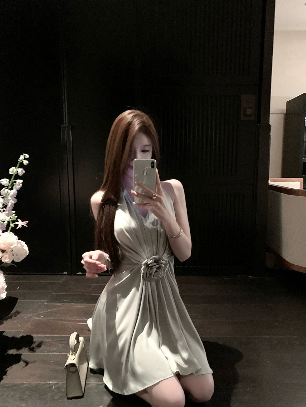 FairyJiang 2024 new style temperament V-neck sleeveless halter neck satin dress short pleated waist skirt