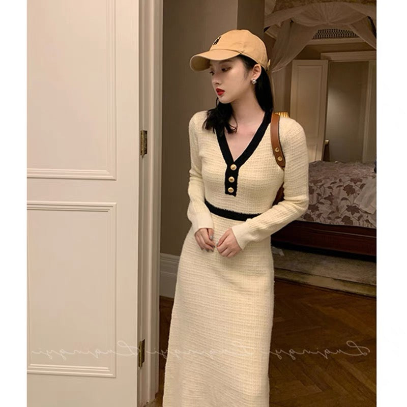 French knitted dress with coat, waist design, high-end sweater, long skirt, women's autumn and winter clothing 2023 new style