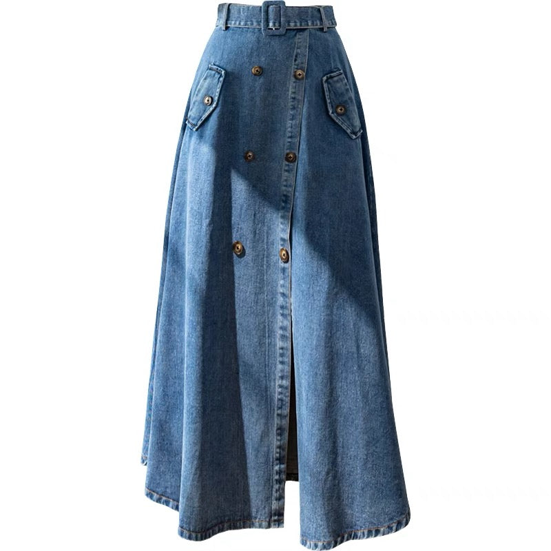 High-waist slit denim skirt for fall and winter with niche design, hip-hugging umbrella skirt, mid-length A-line skirt that reaches the ankle