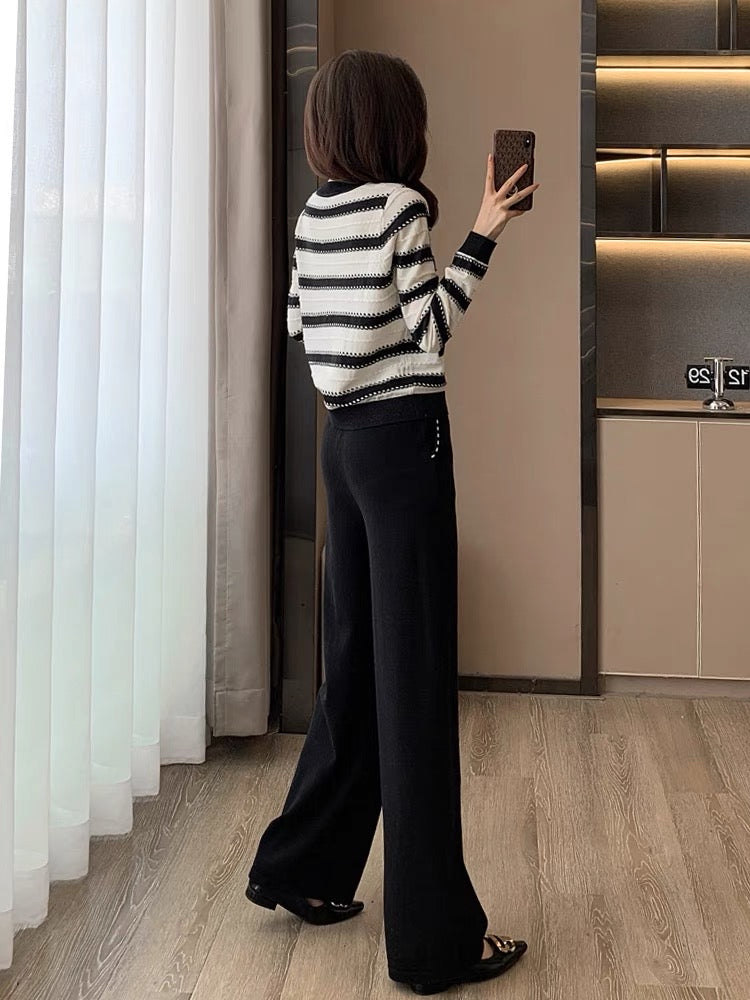 Internet celebrity sports casual suit for women in autumn and winter fashionable age-reducing temperament high-end striped knitted wide-leg pants two-piece set
