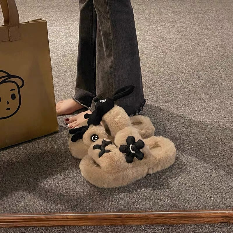 Internet celebrity Korean version of cute rabbit fur shoes for women's outerwear 2023 autumn and winter new thick-soled one-word plush cotton slippers (S0711)