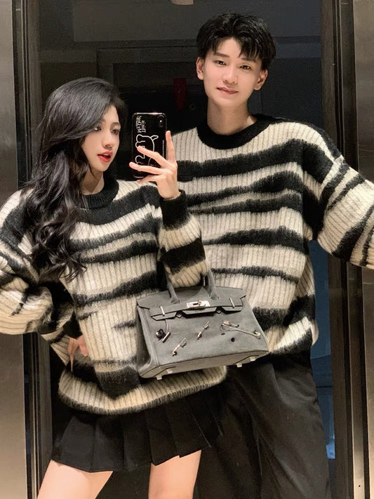 Couple wear autumn and winter 2023 new Korean style lazy style sweater tops striped sweater women's outer wear ins trendy brand