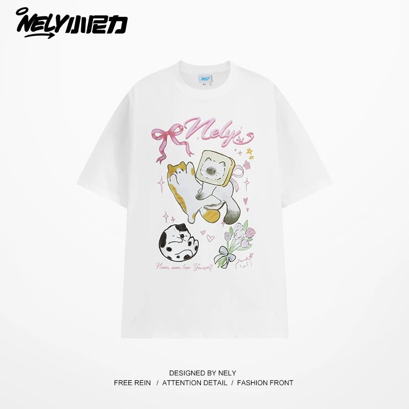 American cartoon cat print round neck short sleeve men and women summer 2025 couple pure cotton t-shirt half sleeve bottoming shirt trend