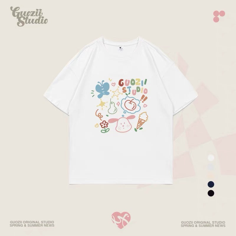 Guozii cute puppy raglan short-sleeved T-shirt female original design small oversize pure cotton top summer