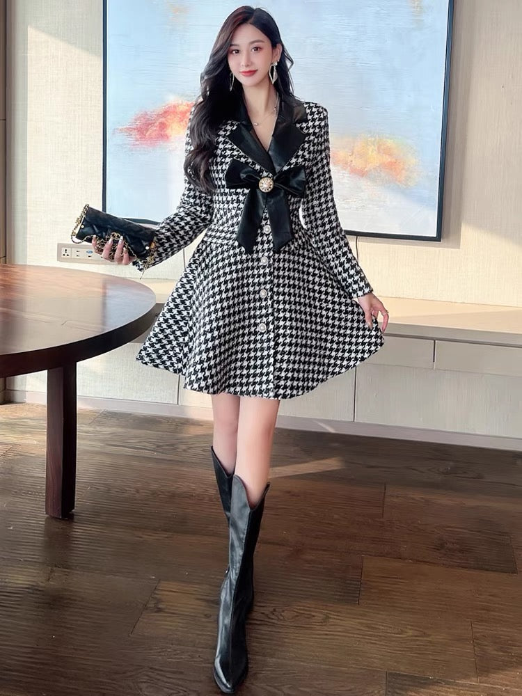 Celebrity Xiaoxiang style tweed bow dress women's winter new style waist-cinching cotton houndstooth suit skirt trendy