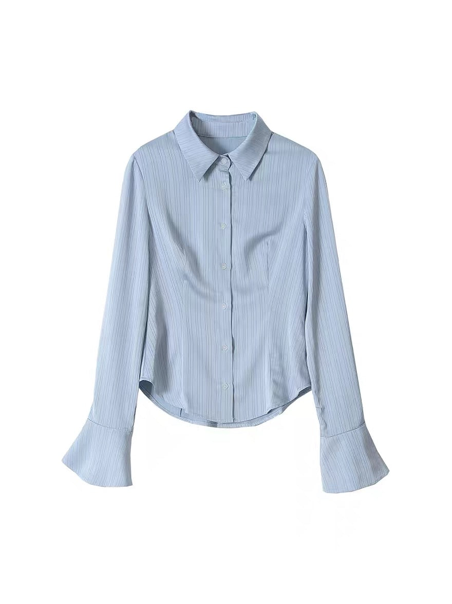 EUSKY IIWAN Pure lust satin silky slim fit waist shirt light blue long-sleeved shirt for women (T279)