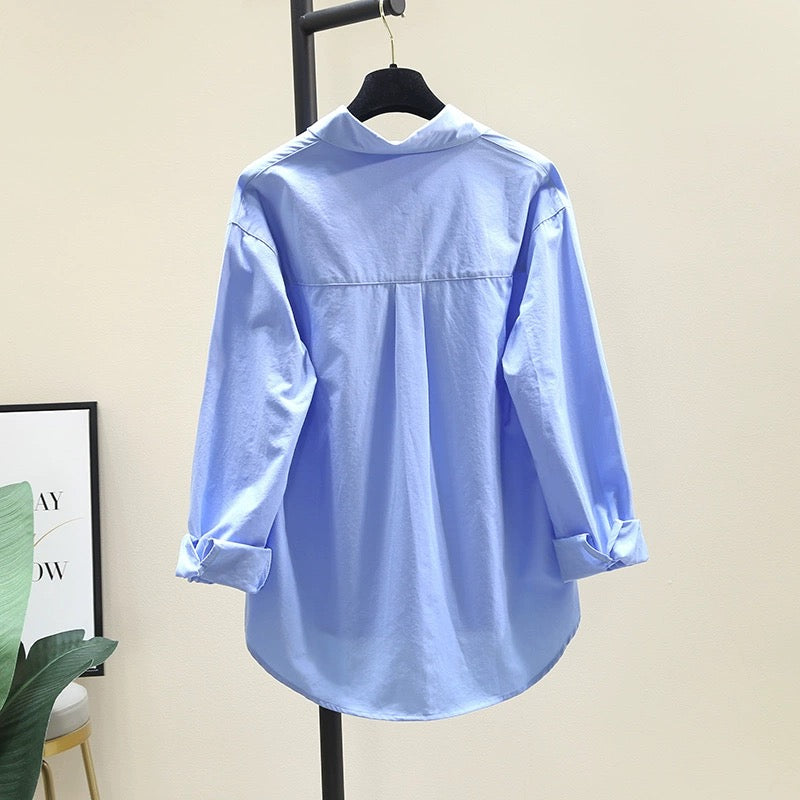 Blue Tencel cotton shirt women 2024 spring and autumn new Korean version loose slim long-sleeved shirt chic tops outer wear