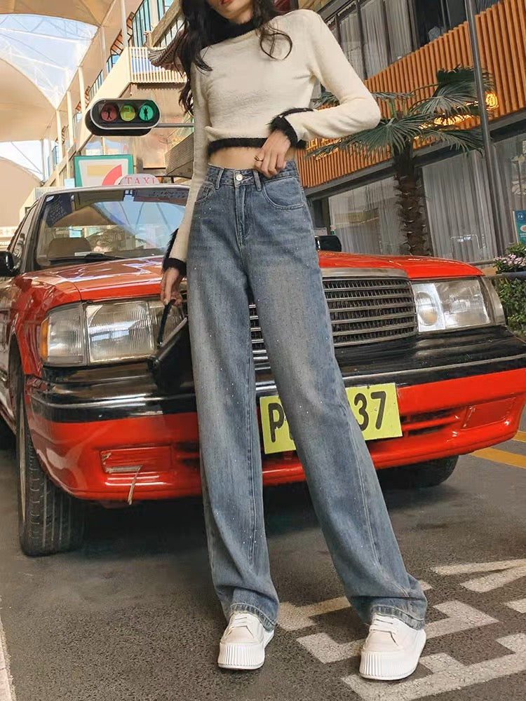 High-waist jeans women's wide-leg straight pants 2023 autumn new style loose hot diamond Hong Kong style retro floor-length pants (P127)
