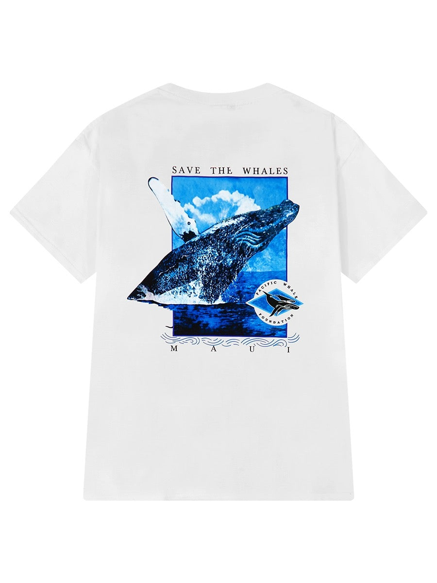 Heavy cotton short-sleeved T-shirt loose design blue whale print men and women summer trendy high street couple short sleeves