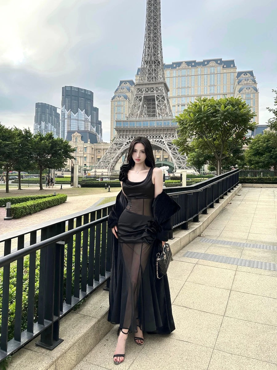 black mesh rose dress For Fay black rose/high-end satin mesh stitching sexy slim dress see-t –  Lee Nhi Boutique