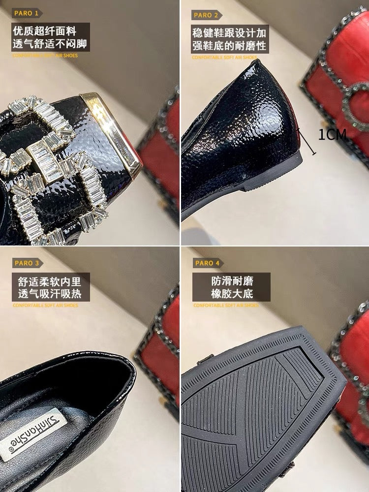 Uncle MJ rhinestone buckle square head single shoes women's new metal anti-kick fashion all-match shallow mouth soft-soled flat shoes