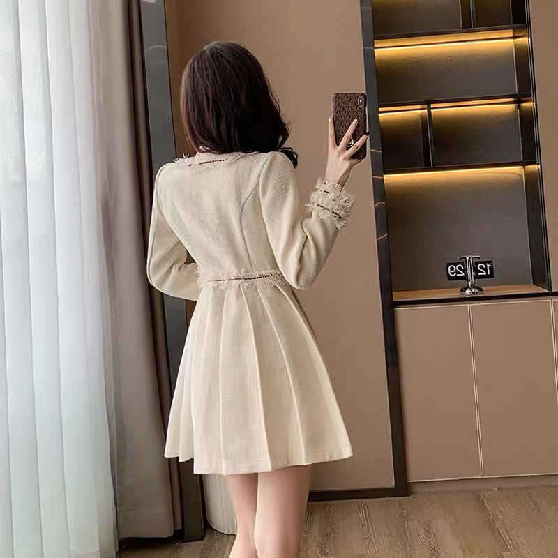 French fashion lady's small fragrant style tweed dress for women autumn new light luxury and foreign style age-reducing pleated skirt