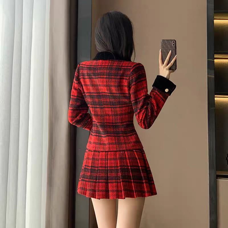 2023 new autumn women's clothing small fragrance style high-end red dress women's autumn and winter niche design suit skirt