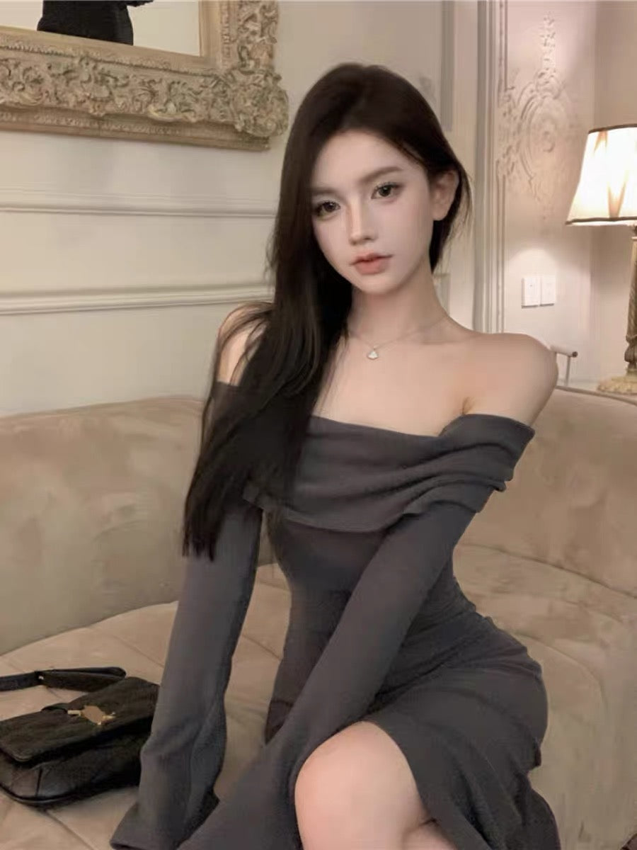 One-shoulder slim long-sleeved unique dress, super nice and sexy fishtail hip skirt, new autumn long dress for women A2265