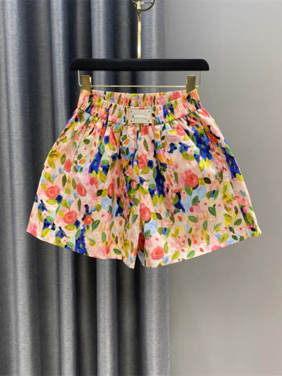 Small fresh floral wide-leg shorts for women 2023 summer new style printed age-reducing elastic waist a-line slimming hot pants