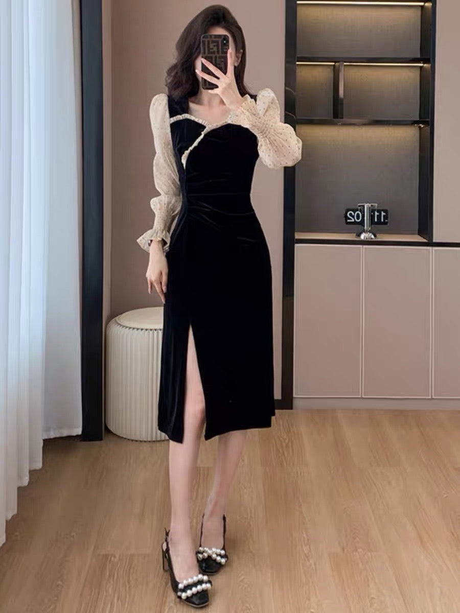 Autumn and winter fashionable ladylike spliced square collar ruffled contrasting slim fit velvet mid-length slit dress