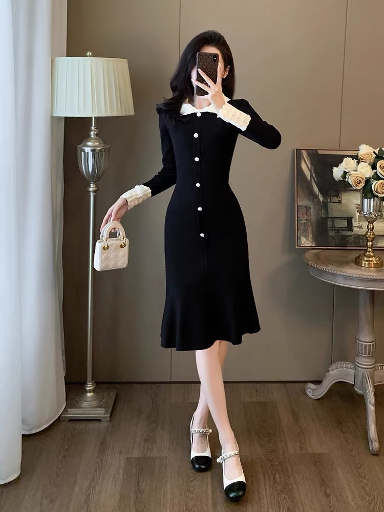 Celebrity Xiaoxiangfeng Knitted Dress 2023 New Elegant Temperament Showing Figure-Breaking Hip Skirt Slim Hem D5590
