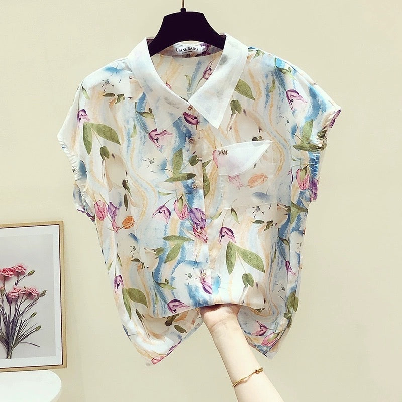 2023 Summer New Lapel Printing Contrasting Color Chiffon Short-sleeved Shirt Women's Design Sense Small and Western-style Thin Tops