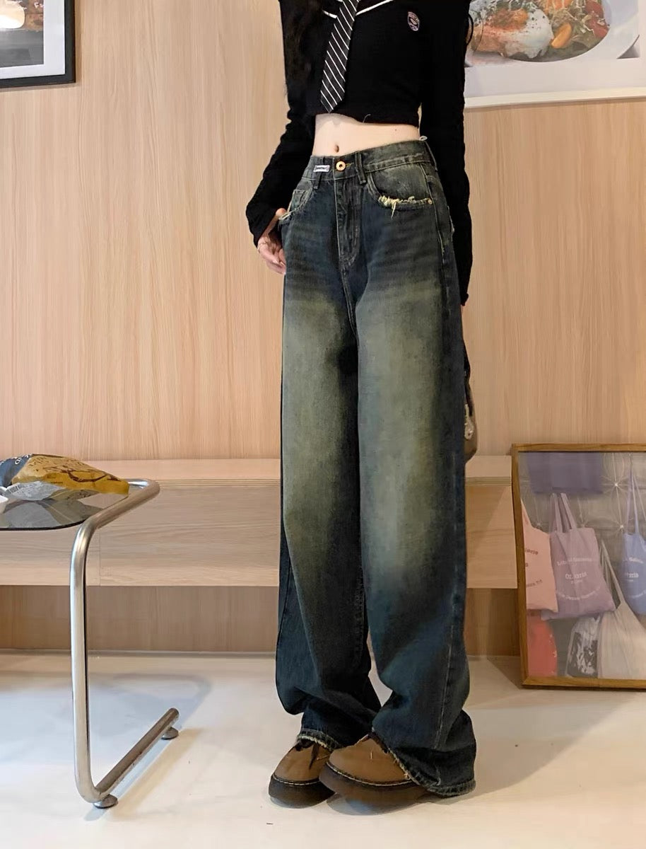 PPHOME cool sister dragging sister ~ small floor mopping jeans women's autumn straight pants high waist loose wide leg trousers