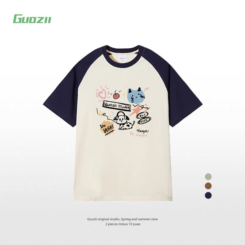 Guozii cute puppy raglan short-sleeved T-shirt female original design small oversize pure cotton top summer