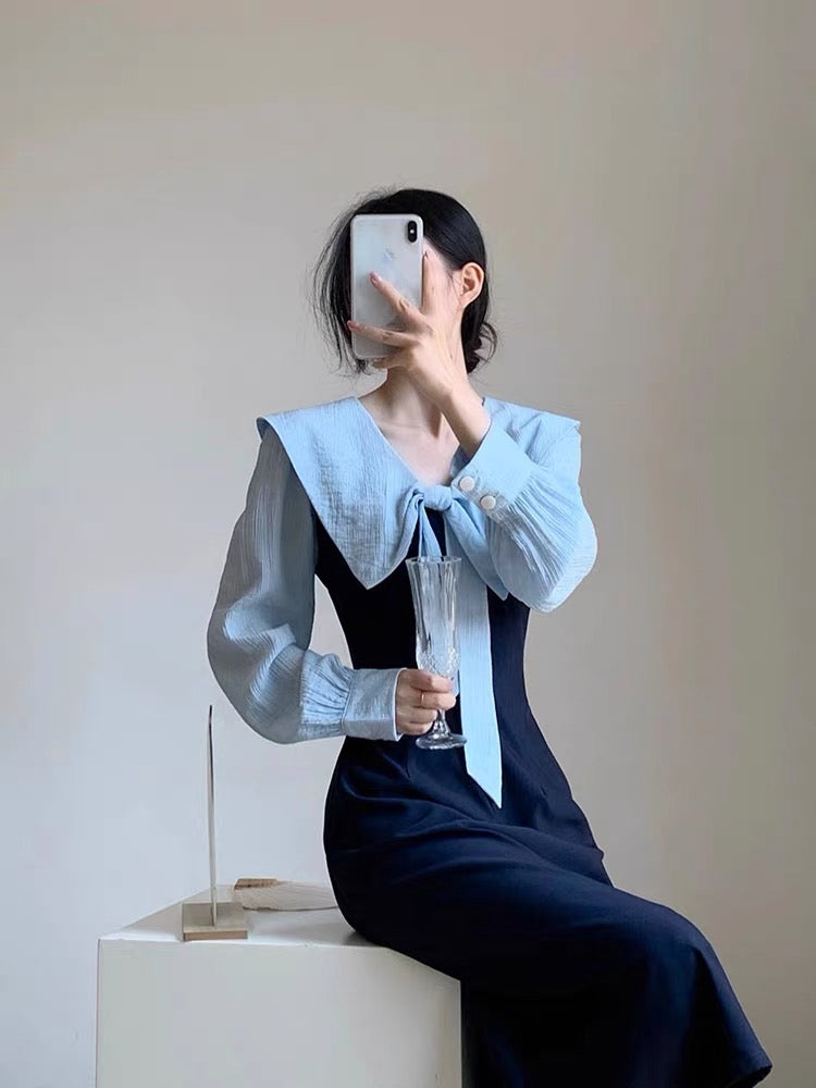 Autumn Women's Clothing 2023 New French Style Waist Slimming Navy Collar Gentle Style Design Niche Long Sleeve Dress