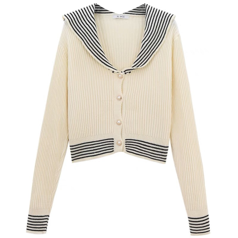 Design niche knitted cardigan jacket for women autumn and winter 2023 new striped navy collar short long-sleeved top trendy A2230