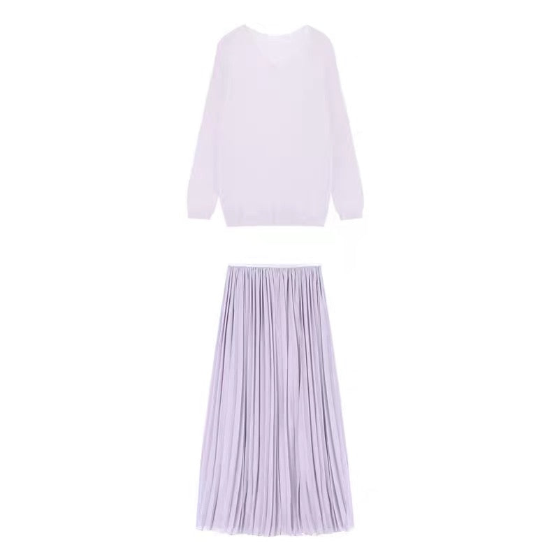 Spring/Summer French-style chic & alluring high-waisted slimming midi/maxi skirt set (purple pleated skirt)
