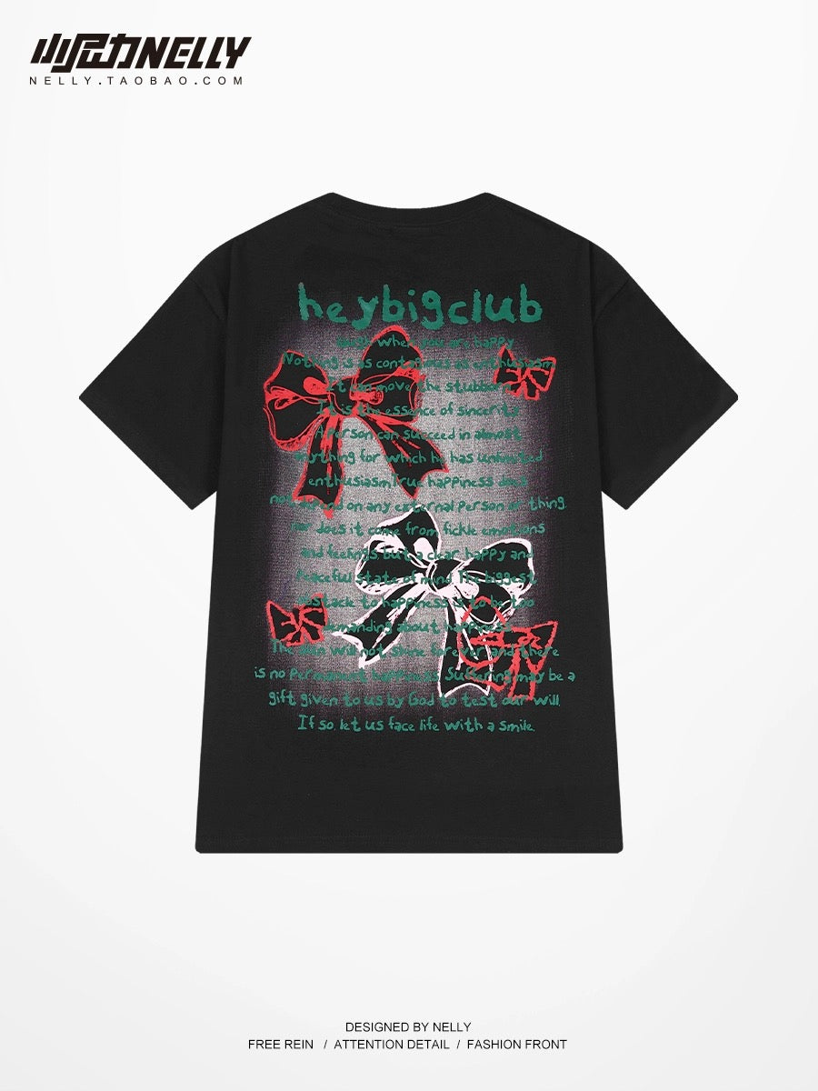 American trendy brand sweet cool bow tie t-shirt men and women short-sleeved summer 2024 hot style loose design tops ins