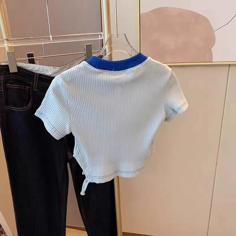Korean style small fresh knitted round neck love thorn cloth printed hollow short T-shirt women's summer new slim top (A124)