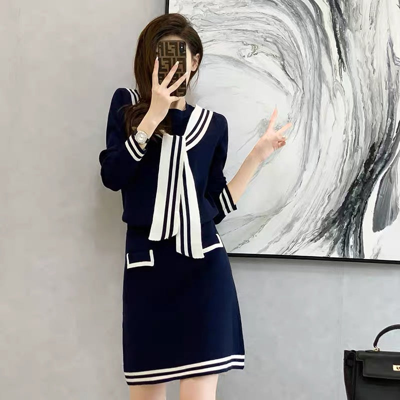 Small suit skirt women's new 2023 autumn and winter long-sleeved navy style sweater knitted two-piece suit skirt