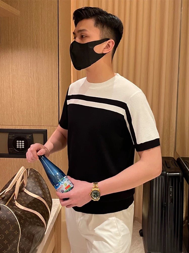 Light mature style men's clothing comfortable and dry knitted short-sleeved men's summer casual simple fashion contrast color slim men's T-shirt